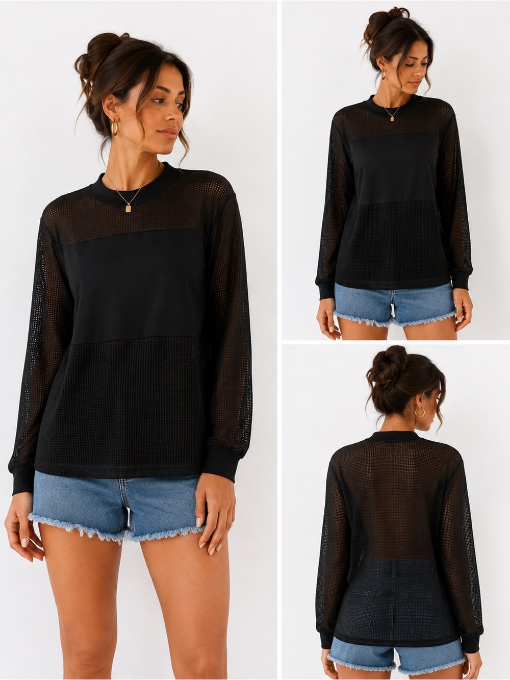 Black Lightweight Mesh Long-Sleeve Top